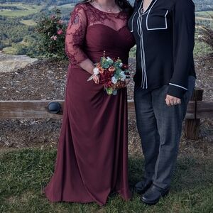 JJs House Burgundy Mother Of The Bride Or Bridesmaid's Dress With Lace Trim